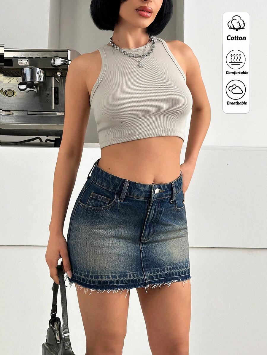SHEIN Falda vaquera de tiro bajo de lavado medio, estilo casual para mujer - Azul lavado medio - Ver 1