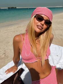 Swim Mod Bộ bikini 3 món mùa hè dành cho nữ, họa tiết hoa, hở lưng, buộc dây phía trước, kèm váy che ngoài, thích hợp cho kỳ nghỉ biển. - Đỏ - Xem 5