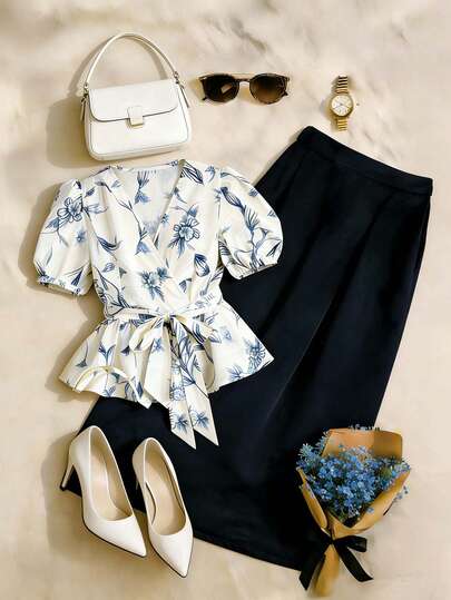 GlowEve CURVE Summer New Plus Size 2-Piece Set Women's Vintage Outfit, Suitable For Party, Gathering, Casual Wear, Chinese Style, Resort Wear, Suitable For St. Patrick's Day, Easter, Valentine's Day, Christmas, Thanksgiving, Loose And Comfortable, Versatile, Fashionable Spring/Summer Outfit