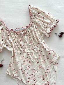 Flirla Áo liền quần cỡ lớn cổ tim, chất liệu gân, buộc dây vai phía trước - Nhiều màu - Xem 5