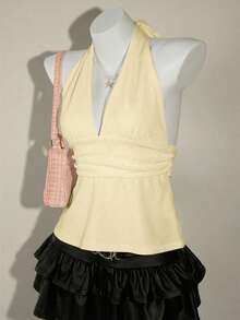 SHEIN ICON 95%纯棉深V领露背系带A字吊带背心，黄色 - 淡黃色 - 查看 6