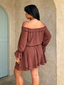 Rustia 大码纯色露肩前系带长袖休闲度假优雅连衣裙，春夏棕色西部连衣裙，巧克力棕色连衣裙，棕色连衣裙，波西米亚西部女装，咖啡棕色连衣裙，女式连衣裙，女士西部服装，女装连衣裙，女士夏季服装，波西米亚女装，波西米亚曲线度假服装，女士大码西部连衣裙，女士大码牛仔连衣裙，新款女士连衣裙，女士休闲连衣裙，女士露肩连衣裙，波西米亚连衣裙 - 棕色 - 查看 2