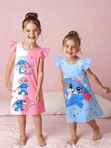 Light Pink,Summer,Fairy,Family Matching Toddler Girls' Cartoon Rabbit Pattern Ruffled Sleeve Crew Neck Dress Set Of 2,Sweet Girly Resort Style Outfit - Multicolor - View 3