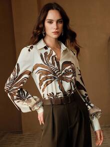 Anewsta 休闲度假宽松印花衬衫，女士春夏穿搭 - 棕色 - 查看 4