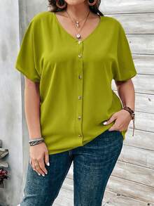 Rosumi Plus Size Women's Orange Button Embellished Short Sleeve Shirt For Spring - Green - View 3