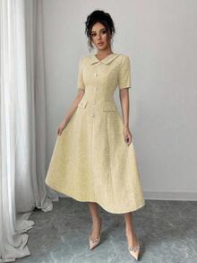 Elenzga Đầm công sở thanh lịch dành cho nữ, có phần eo thắt gọn. - Màu vàng - Xem 8