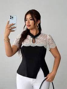 SHEIN Elenzya Plus Size Women's Elegant Delicate Romantic Lace Patchwork T-Shirt, Spring/Summer - Black and White - View 3