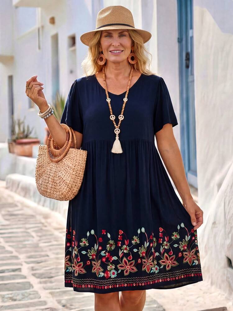 Plus Size Floral Print Casual Vacation Dress