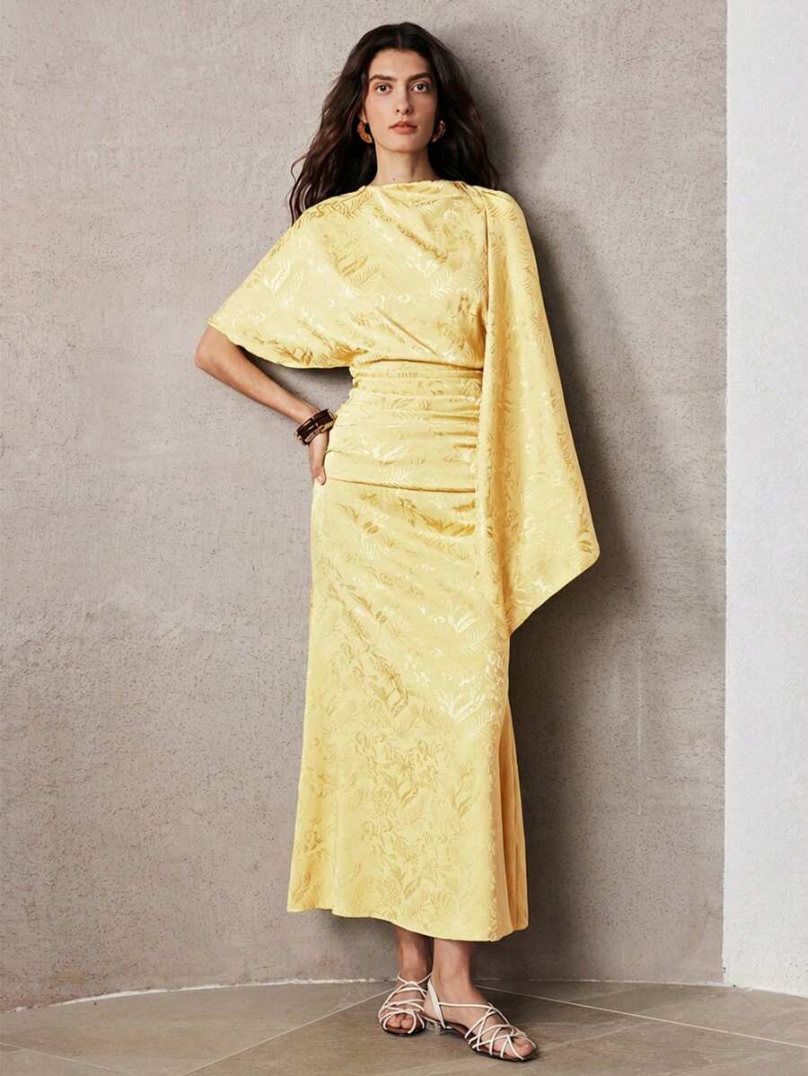 ZEYLAH Vestido ajustado de longitud media con hombro asimétrico de jacquard, primavera - Amarillo - Ver 1