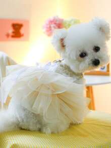 PETSIN 1pc Pet Luxury Princess Wedding Dress With Gold Flower Embroidery And Pearl Bow Decoration Dress, Spring/Summer Thin Style With Traction D-Button Cat/Dog Clothes - White - View 5