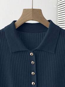 SHEIN Franclia New Summer Casual Loose Versatile Minimalist Elegant Polo Shirt, Commuting Workplace Metal Button Office Refined Personalized Conservative Slim Fit Lady Cardigan - Navy Blue - View 7