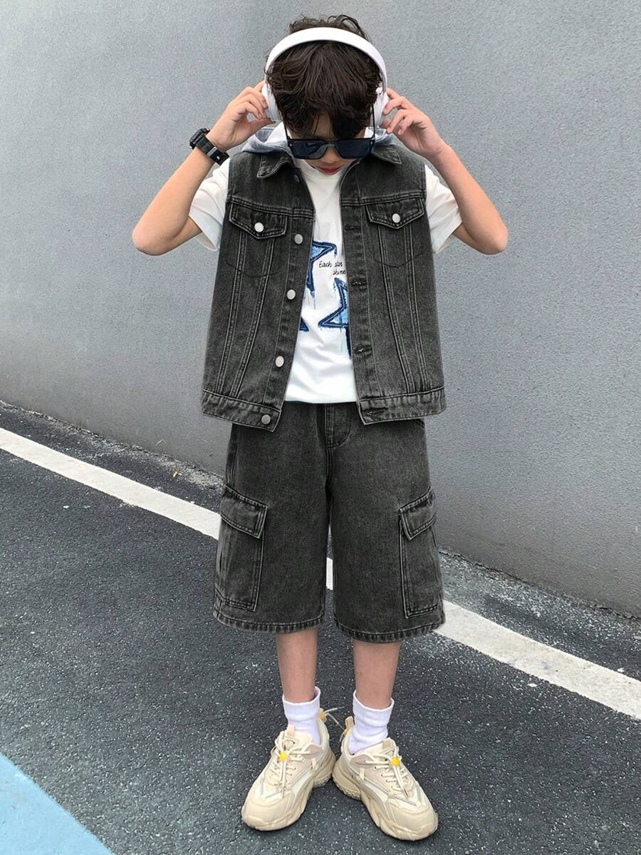 SHEIN 两件套青少年男童时尚休闲Y2K复古酷炫街头基础款简约舒适蓝色牛仔针织连帽无袖背心和舒适宽松牛仔短裤两件套,适合青少年男童日常穿着,也适合儿童春夏派对、节日和街头服饰。 - 黑色 - 查看 1