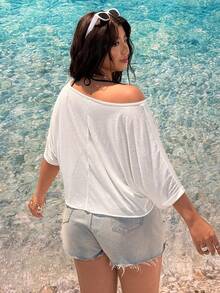 SHEIN EZwear 大码女式贝壳水母印花宽松白色休闲T恤 - 白色 - 查看 2
