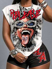 Slaydiva 两件套休闲简约卡通图案女式夏季套装 - 彩色 - 查看 4