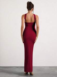 Glamine Đầm maxi cổ yếm xếp ly trễ vai màu đỏ tía, đầm dự tiệc lễ hội, trang phục hẹn hò, trang phục sinh nhật cho nữ, phong cách Y2K, màu sắc tươi tắn, thời trang đường phố, trang phục đi nghỉ mát cho nữ, đầm mùa hè, đầm tốt nghiệp, trang phục dự đám cưới. - Màu Đỏ Sâu - Xem 2