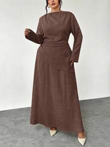 Firerie 大码春夏秋冬四季新款优雅休闲通勤办公套装：长袖不对称褶皱腰身修身衬衫 + 常规A字裙摆半身两件套 - 摩卡棕 - 查看 7