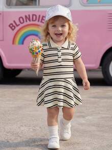 SHEIN Baby Girl Textured Black & Beige Striped Collared Short Sleeve Polo Dress, Preppy Style, Suitable For Spring, Summer, Autumn - Black - View 5