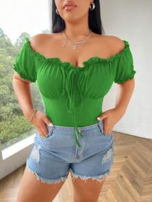 Flirla Camiseta casual y versátil de diario para mujer talla grande, de unicolor, con hombros descubiertos y fruncido con retorcido - Verde - Ver 7