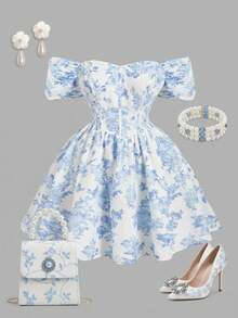 SHEIN MOD Đầm ngắn trễ vai in hoa lãng mạn cỡ lớn dành cho nữ, đầm dự tiệc trà, đầm mini trắng dành cho nữ, đầm dự đám cưới, đầm tốt nghiệp dành cho nữ. - Xanh và trắng - Xem 3