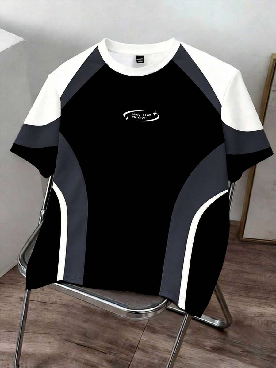 Manfinity Joysei Men's Casual Contrast Color Print T-Shirt, Suitable For Spring/Summer Outdoor And Campus Wear - Black - View 1