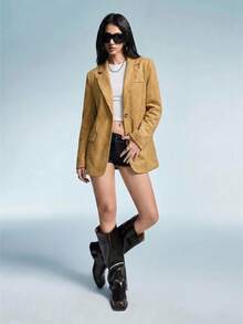 GENKIRA Áo blazer nữ dáng rộng, thoải mái, đa năng, chất liệu da lộn, màu thu đông, có đệm vai rộng, kiểu dáng thường ngày. - Màu Khaki - Xem 4
