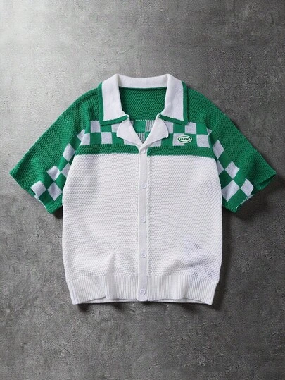 ROMWE MEN Street Life Men's Casual Daily Contrast Color Front Button Short Sleeve Knit Top