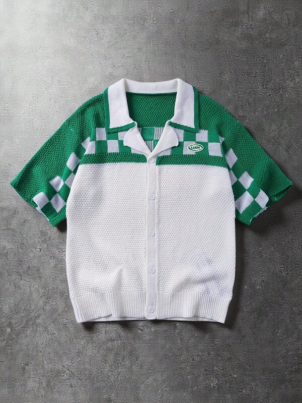 ROMWE MEN Street Life Men's Casual Daily Contrast Color Front Button Short Sleeve Knit Top