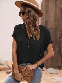 SHEIN LUNE Camiseta con capucha de unicolor casual para mujer, de verano - Negro - Ver 6