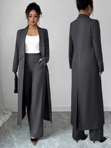 Elenzga 两件套：女士优雅翻领长袖长款外套搭配直筒裤两件套，精致优雅，适合办公室、通勤、街头风、法式浪漫、休闲、中东复古、下午茶、派对、感恩节、返校季、秋冬季等场合。 - 深灰色 - 查看 1