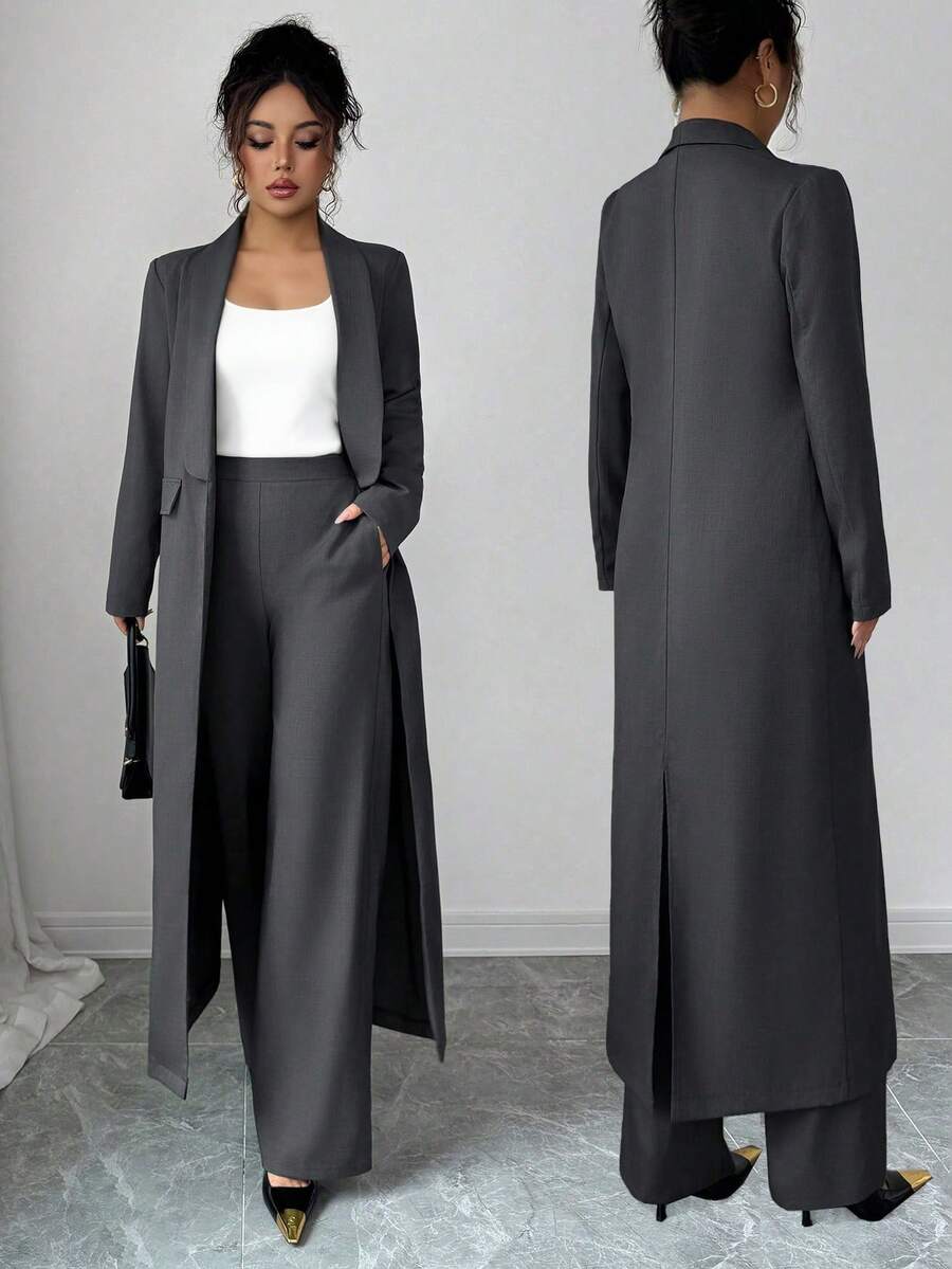 Elenzga 两件套：女士优雅翻领长袖长款外套搭配直筒裤两件套，精致优雅，适合办公室、通勤、街头风、法式浪漫、休闲、中东复古、下午茶、派对、感恩节、返校季、秋冬季等场合。 - 深灰色 - 查看 1