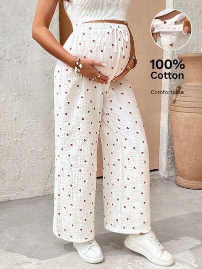 SHEIN Spodnie ciążowe z regulowanym pasem i wzorem w serca