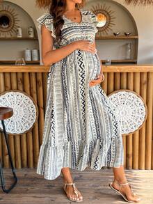 SHEIN Đầm bầu họa tiết hình học dáng xòe, thích hợp cho kỳ nghỉ. - màu nâu - Xem 7