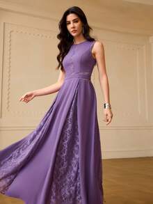 ZEYLAH Women's Round Neck Lace Elegant Waist Cinching Long Party Dress - Purple - View 4