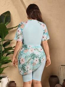 Swim Shayni 大码女式简约热带植物印花插肩袖吊带背心、短裤和罩裙套装 - 薄荷綠 - 查看 2