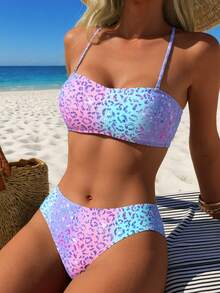 Swim Lushoire Bộ đồ bơi nữ, họa tiết da báo ombre, dây đeo có thể tháo rời, 2 mảnh, thích hợp cho kỳ nghỉ hè, đi biển. - Nhiều màu - Xem 1