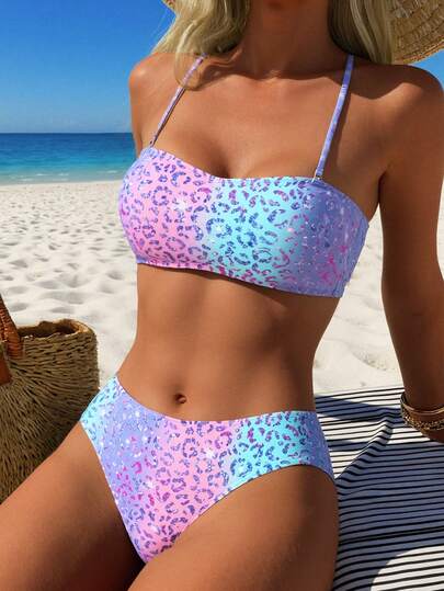 Swim Vcay Set de costum de baie pentru femei, imprimeu leopard ombre, bretele detașabile, ținută de plajă din 2 piese, vară, vacanță