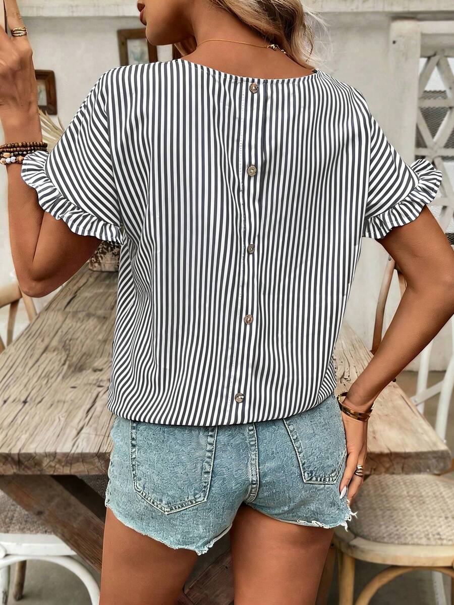 SHEIN Holidaya 女款黑白條紋短袖上衣,休閒百搭夏季度假上衣,春夏日常穿著 - 黑色 - 查看 1