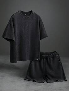 Manfinity Roghcode Herren Lässiges, strukturiertes, locker sitzendes Kurzarm T-Shirt und Shorts mit Kordelzug, modischer Street-Style für den täglichen Gebrauch, Sommer - Schwarz - Übersicht 3