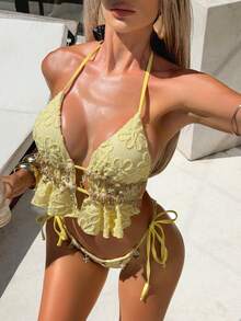 Bonvoyette 新款春夏黄色提花面料海星贝壳饰边细肩带比基尼套装 - 黃色 - 查看 7