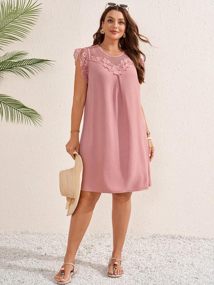 Plus Size Women's Summer Casual Vacation Country Solid Color Pink Double-Layer Cap Sleeve Lace Patchwork Short Dress, Spring/Summer,Summer/Vacation,Summer Holiday,Spring Break Outfits ,Vacation Outfits Women ,Holiday Outfits For Women,Going Out Outfits,2026 New Clothes,Simple And Fashionable For Everyday Wear,Suitable For Summer, Vacation, Daily Wear,Suitable For Summer, Vacation, Daily Wear,Dresses For Women,Flowy Dress ,Beach Outfits For Women,Casual Vacation Boho Dress,Summer Dresses, Country Women's Summer Dresses,Casual Dresses For Women,Country Concert Outfit