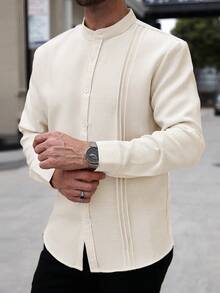 Manfinity Homme Men's Casual Solid Color Button-Down Long Sleeve Shirt - Beige - View 5