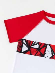 2pcs/Set Teen Boys' Swimwear,Sporty White Rash Guard & Red Geometric Print Swim Trunks,Raglan Sleeve Streetwear,Summer Beach Outfits For Pool Party - Burgundy - View 4
