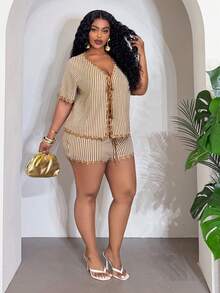 Slaydiva Spring/Summer Elegant Commute & Casual, Birthday Party, Graduation, Student, Daily Outing, Basic Versatile, Leisure, Vacation, Cruise Travel, Beach, Sunbathing, Crochet Pattern Two Pieces Set: Hip Length Top With Drawstrings And Elastic Waist Shorts - Khaki - View 5