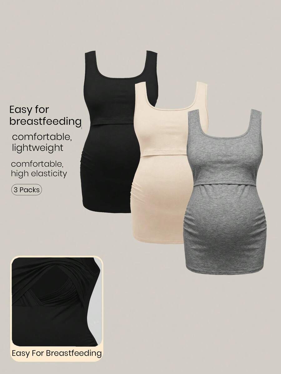 Modmama Maternity Solid Color Square Neck Casual Nursing Tank Top - Multicolor - View 1