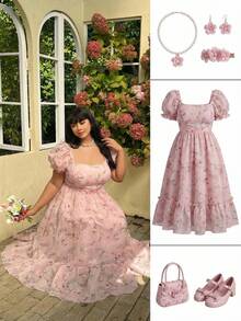 Lyrianda Vestido modesto de talla grande con cuello redondo, mangas farol y volantes en capas en azul claro, vestido de cumpleaños de curvas para primavera/verano, vestido de fiesta de jardín, vestido de fiesta de té de curvas, vestido floral de curvas, vestido floral rosa, vestidos rosas para mujer, vestido de cumpleaños ligero y colorido con estampado floral para mujer, vestido vintage de mujer, vestido con mangas abullonadas, vestidos vintage para mujer, vestido de organza para mujer, atuendo de cumpleaños para damas, atuendo de ducha nupcial para la novia, vestido de fiesta de té para mujeres - Rosa - Ver 7