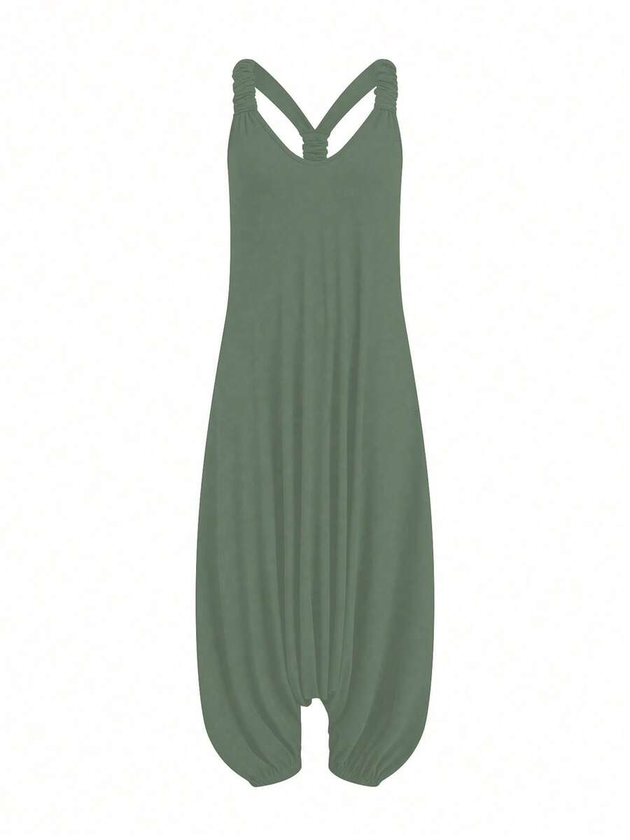 Lyrianda Plus Size Women Solid Color Casual Loose Jumpsuit - Green - View 1