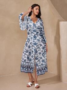 Swim Lushoire 2026 New Plus Size Women Long Floral Print Beach Kimono - Blue - View 5