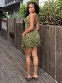 Tyla Gomez Women's V-Neck Halter Tie Backless Crop Top And Fringe Hem Mini Skirt 2 Pieces Set, Suitable For Party, Christmas, Date Night, Nightclub, Bohemian, Boho, Vacation, Fall - Army Green - View 5