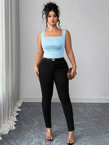 Elenzga Camiseta de punto de cuello cuadrado de unicolor casual de talla grande para verano - Celeste - Ver 4