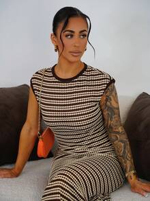 SAYEHFBABY 女士条纹圆领短袖休闲连衣裙，女士条纹连衣裙，棕色条纹连衣裙，女士休闲连衣裙 - 棕色 - 查看 5